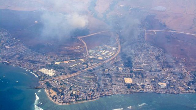Aerial view of Hawaii during a wildfire.