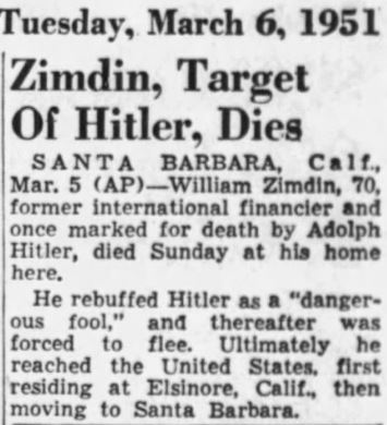 William Zimdin's obituary, Associated Press, March 6, 1951.